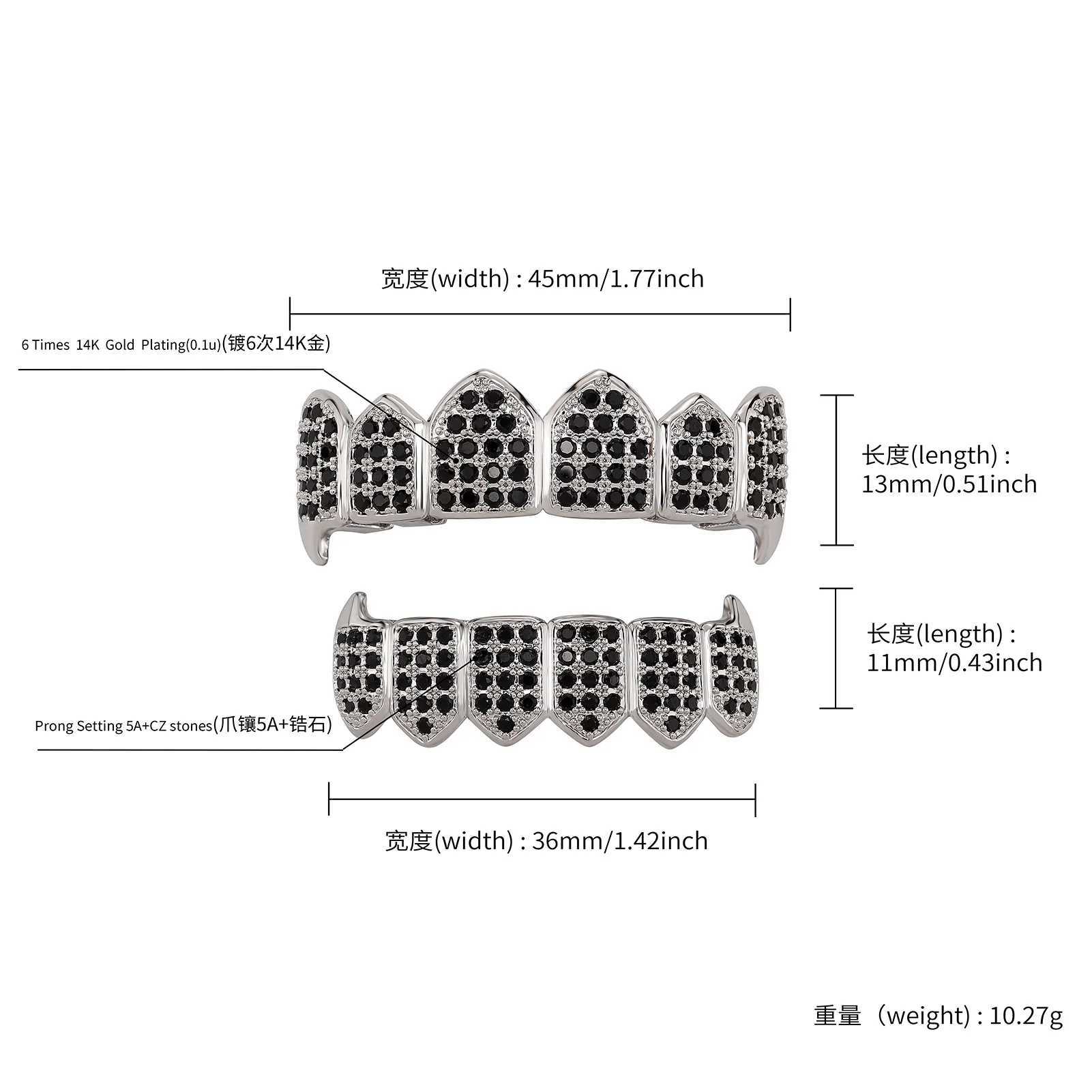 TOPGRILLZ Hip Hop Grill Iced Out AAA Zircon Square Teeth Grill Cover Top and Bottom Grill Set Mens Vampire Grill W250412