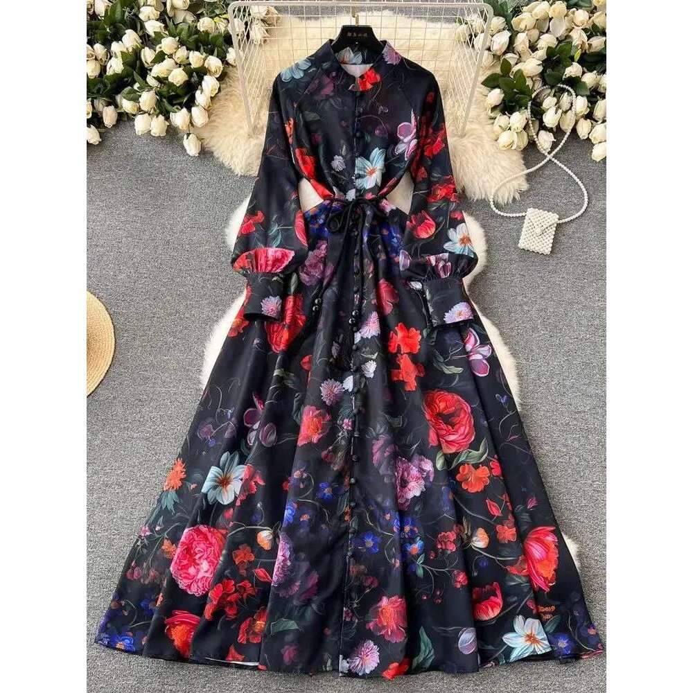Autumn Bohemian wer Robe Dress Women's en Clothing Stand Collar Long Lantern Sleeve Lace Up Buttons Print Maxi Vestidos