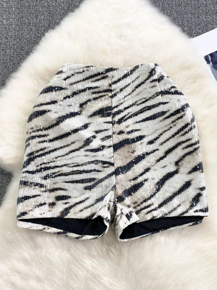 PREPOMP Fashion Sexy Womens Sequins Leopard Short Autumn Collection High Waist Wide Leg Short Pant Female Trendy GM787 250409