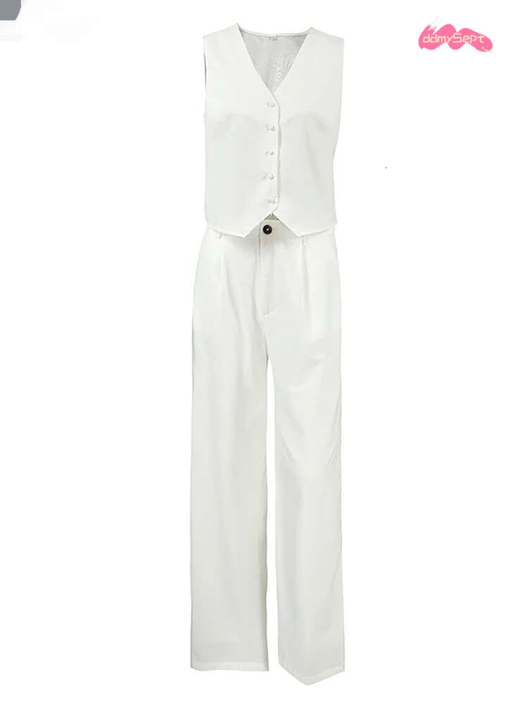 White Elegant Cotton Sets Two Pieces Women en Blazers Tops And Wide Legs Pants Summer 2024 Office Ladies ddmySept