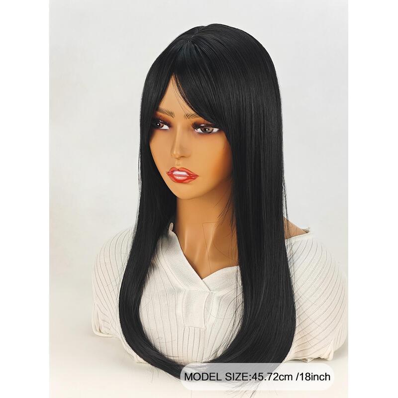 18inch Natural black With Bangs Long Wavy Curly Glueless Fringe Unit Heat Resistant Synthetic Middle Part Full hine Made No Lace Scalp Costume Cosplay