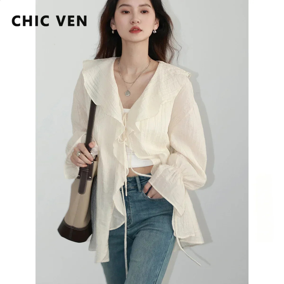 CHIC VEN Women Shirt Loose Casual Ruffled Edges Female Blouses V Neck Lace Up Mid Length Woman Shirts Spring Summer 250411