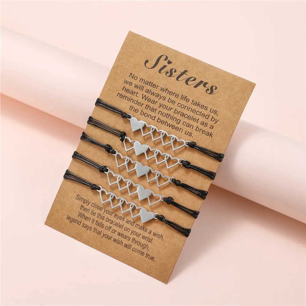 Fashion New Sisters Card Bracelet Stainless Steel 5 Linked Heart Woven Friendship Bracelet 5 Pieces Set WholesaleC250411