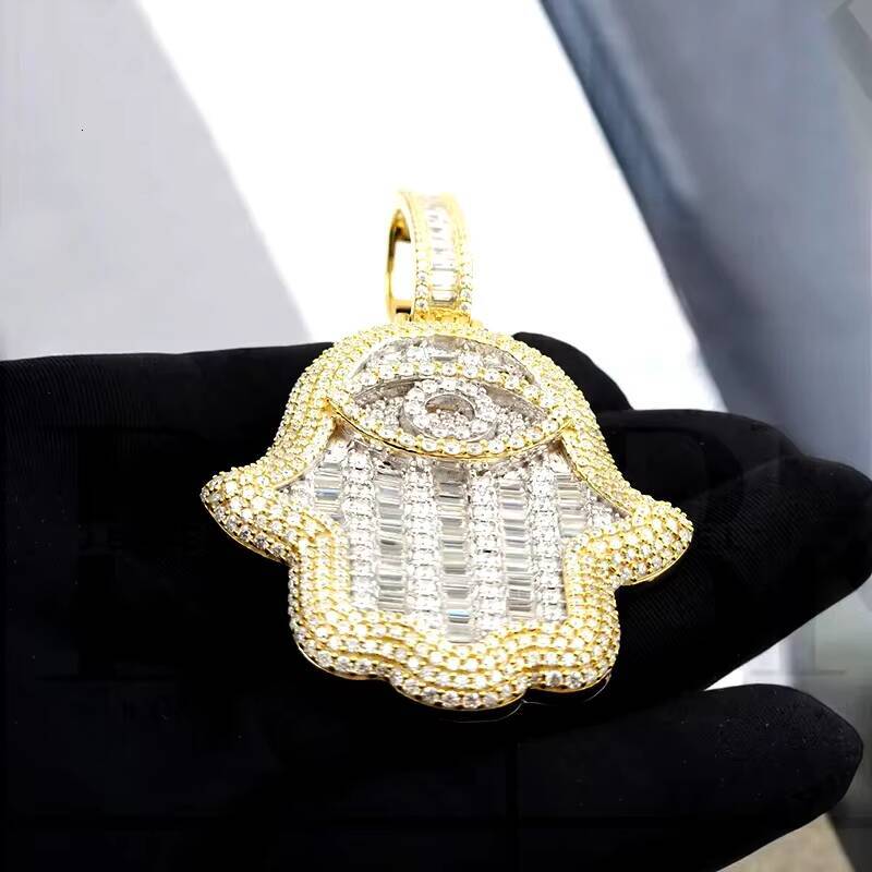 Hip Hop Hamsa Hand Necklace Pendant Iced Out 925 Sterling Silver With 18K Gold Plated Eye Hamsa Hand Moissanite Pendant