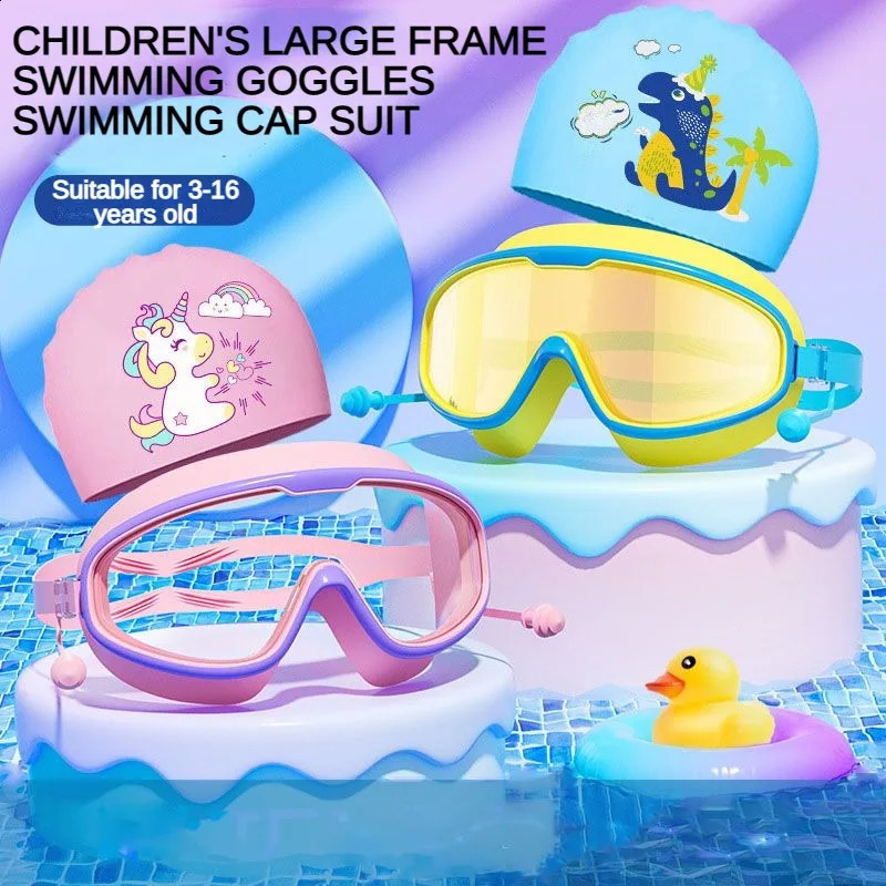 Swim Goggles And Caps Set Childrens Large Frame Goggles HD Waterproof Anti-fog Boys Girls Swimming Glasses Cartoon Bathing Cap 250411