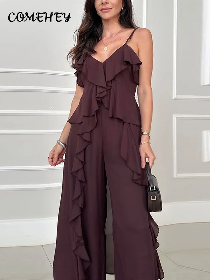 Casual Chiffon Ruffles Pants Womens 2 Piece Sets V-neck Sleeveless Split Tops Loose Wide Leg Trousers 2025 Summer Lady Outfits 250411