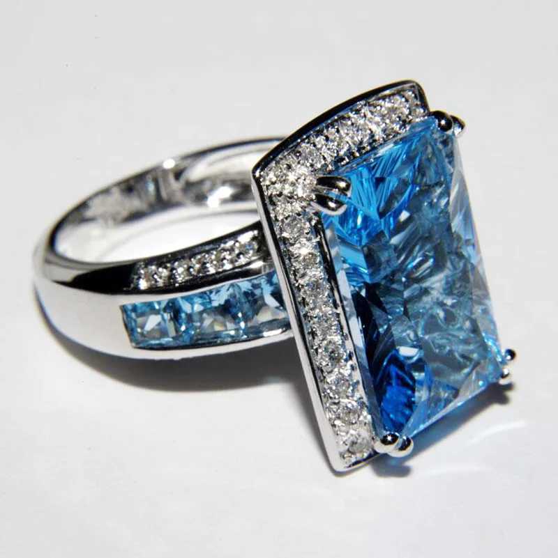 Sparkling ocean blue imitation crystal gemstone full diamond ring for high-end banquet ladies 925 sterling silver fashion jewelryXJ250412