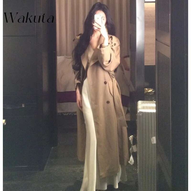 WAKUTA Japanese Elegant Lapel Long-Sleeved Belted Trench Coat Fashion Double-Breasted Belt PU Splicing Middle-Length Y2k Jackets