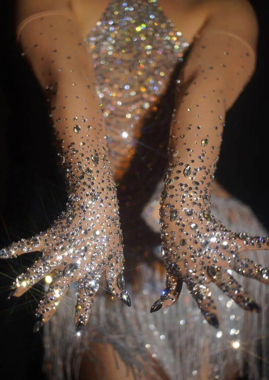 Nude Mesh Bling Rhinestones Wedding Gloves Crystal Transparent Long Mittens Female Singer Performance Stage Accessories 250408