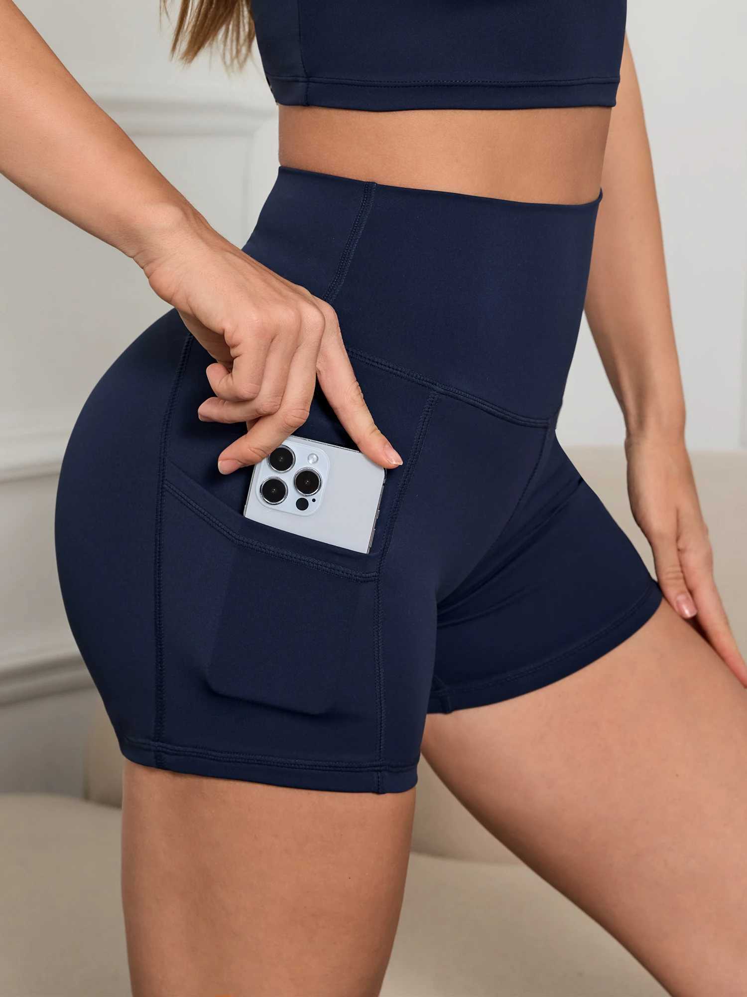 Wick Yoga Bike Shorts High Waist Solid Color Sports Shorts with Pockets Womens Sportswear Y250412