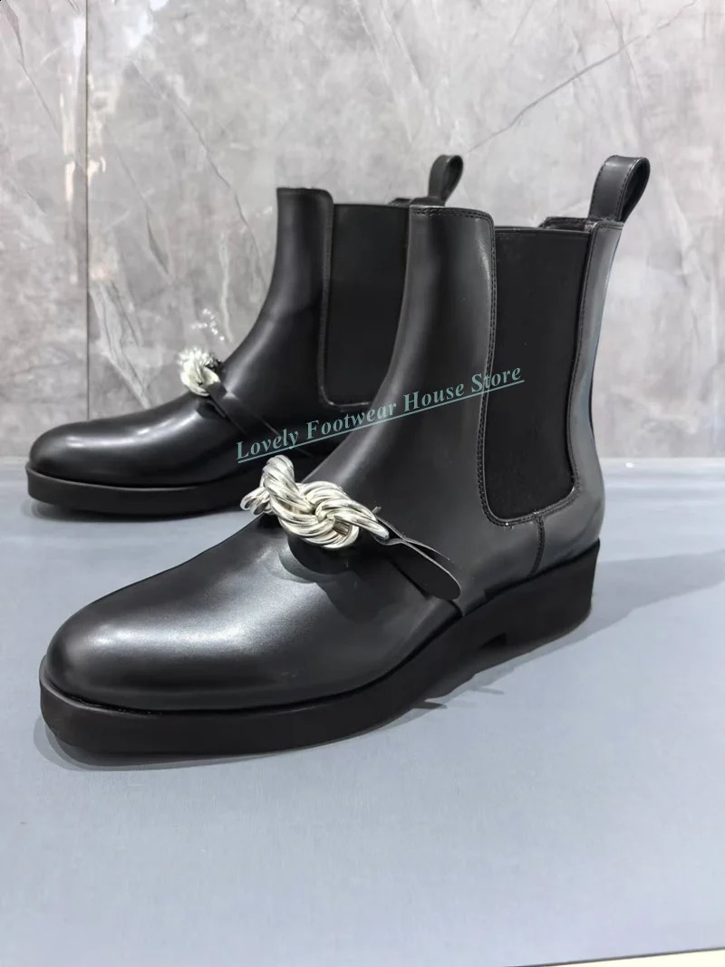 Style Metal Chain Decoration Man Black Genuine Leather Ankle Boots Spliced Knit Elastic Low Heel Male Slip On Boots Shoes 250411