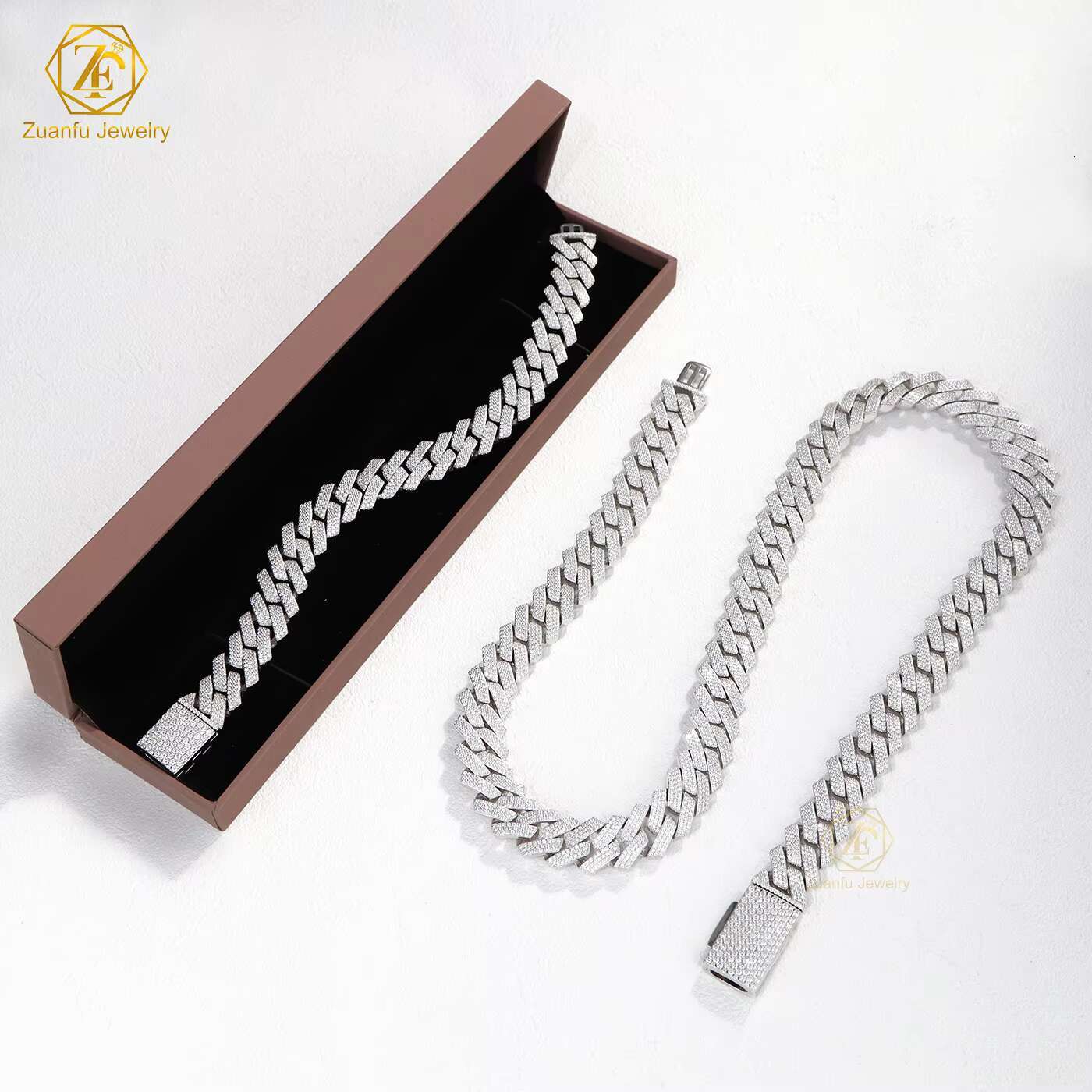 3 Rows15mm Cuban Link Chain Bracelet Iced Out 925 Silver Hiphop Round D VVS Diamond Moissanite Cuban Link Chain Necklace