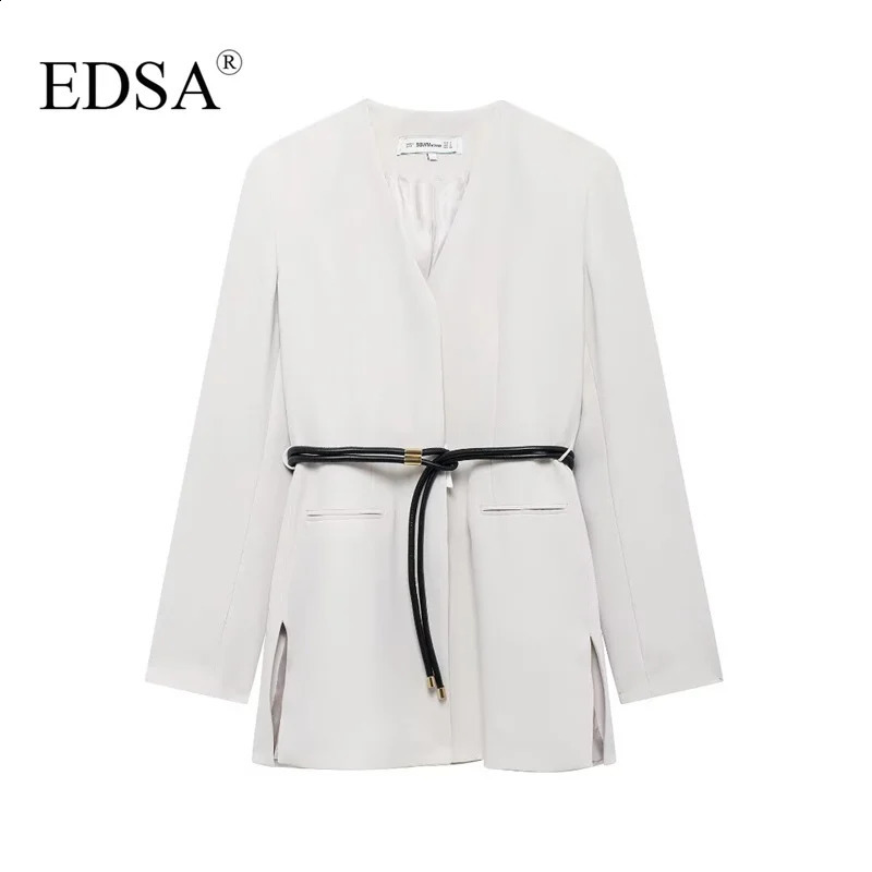 EDSA Womens Belt Jacket Long Sleeve Shoulder Pads Vneck Office Coat 250407