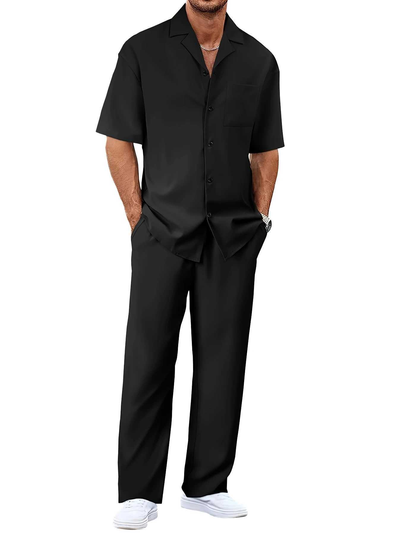 Mens suit collar short sleeved shirt+loose straight leg pants setXJ250412