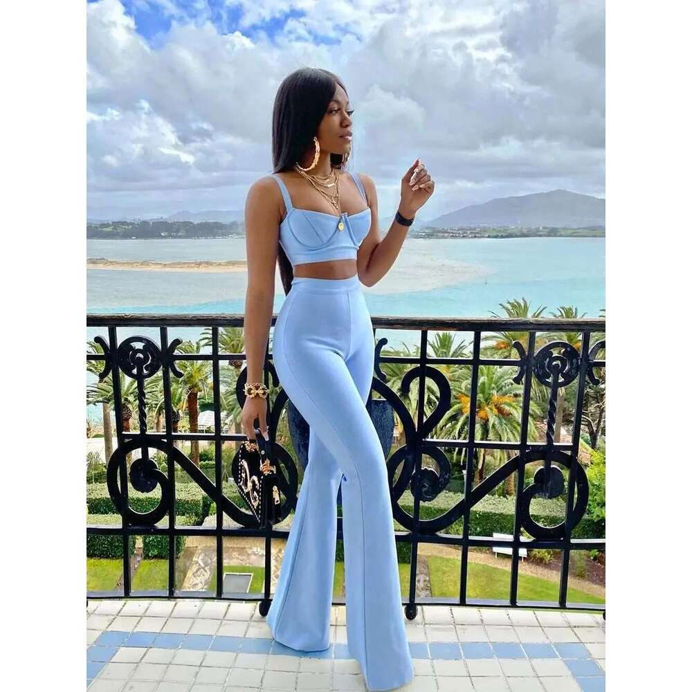 Designer Clothes High Quality Blue Two Pieces Bodycon Rayon Bandage Set Evening Party Sexy Fashion Outfit