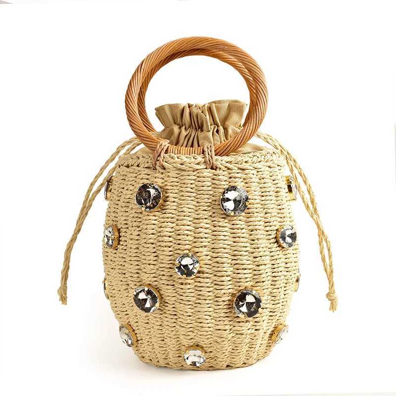 2023 New Handmade Rhine Crystal Embossed Str Bag Str Bucket Bag Womens Travel Wallet sac en paille femmeXJ250412