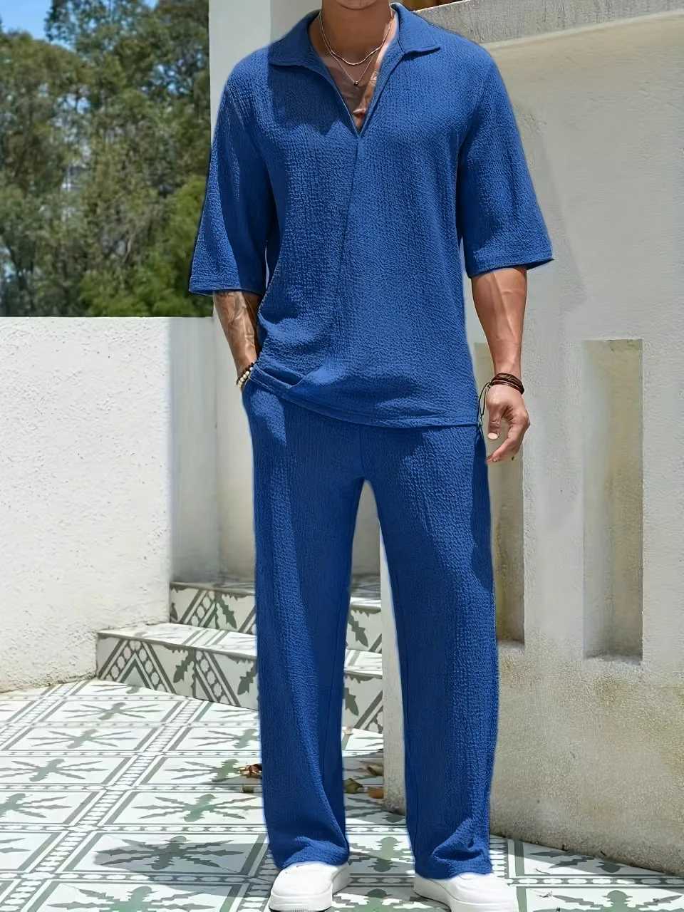 2025 European and American Mens Spring Half Sleeve Pants Solid Color V-neck DesignXJ250412