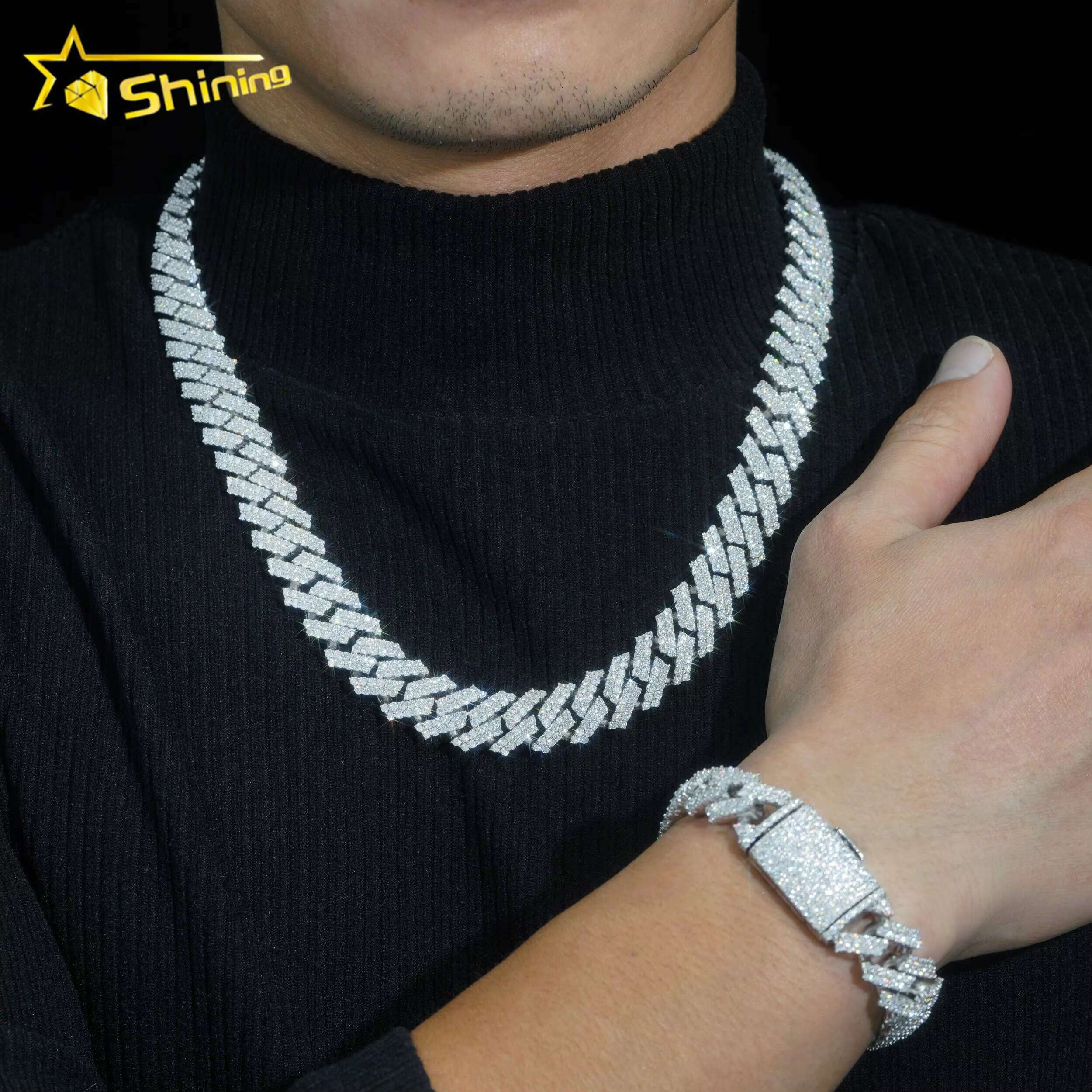 Shining Moissanite Hip Hop Jewelry 15mm 2rows Design Sterling Silver Gold Plated Diamond Moissanite Cuban Link Chain