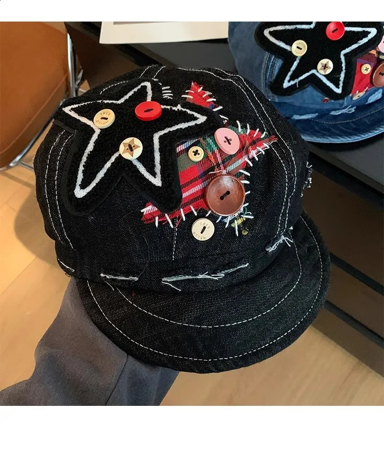 Hip Hop Denim Berets Cap Women Retro Patch Button Star Berets Spring Summer Travel Versatile Show Face Small Octagonal Hat 250403