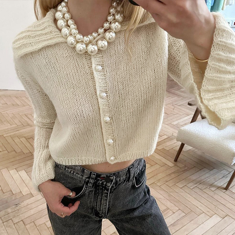 Women's solid color cardigan sweater coat loose fit large collar flared sleeves with pearl buttons a versatile fashion sweater lovely and elegant