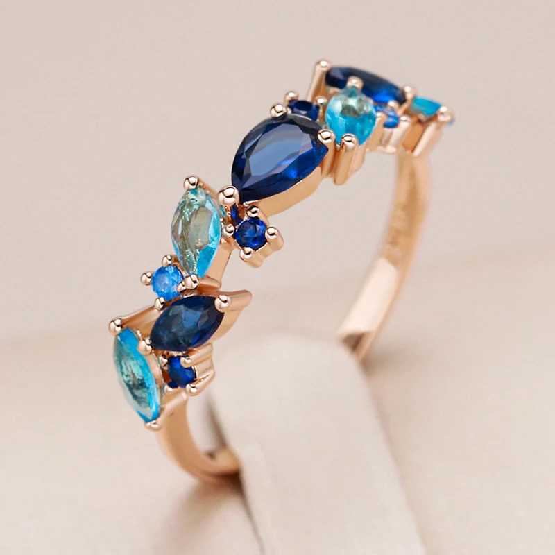 Kinel 585 Rose Gold Womens Ring Luxury Blue Natural Zircon Ethnic Wedding Jewelry Daily Party AccessoriesXJ250412