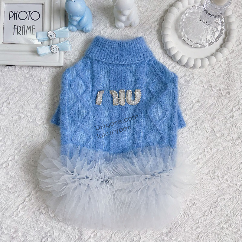Designer Dog Clothing Dog Sweater Dress with Noble Rhinestone Letter Decoration for Small Medium Dogs Girl, Round Neck Knitwear Pet Sweater Tutu Dress XL A168