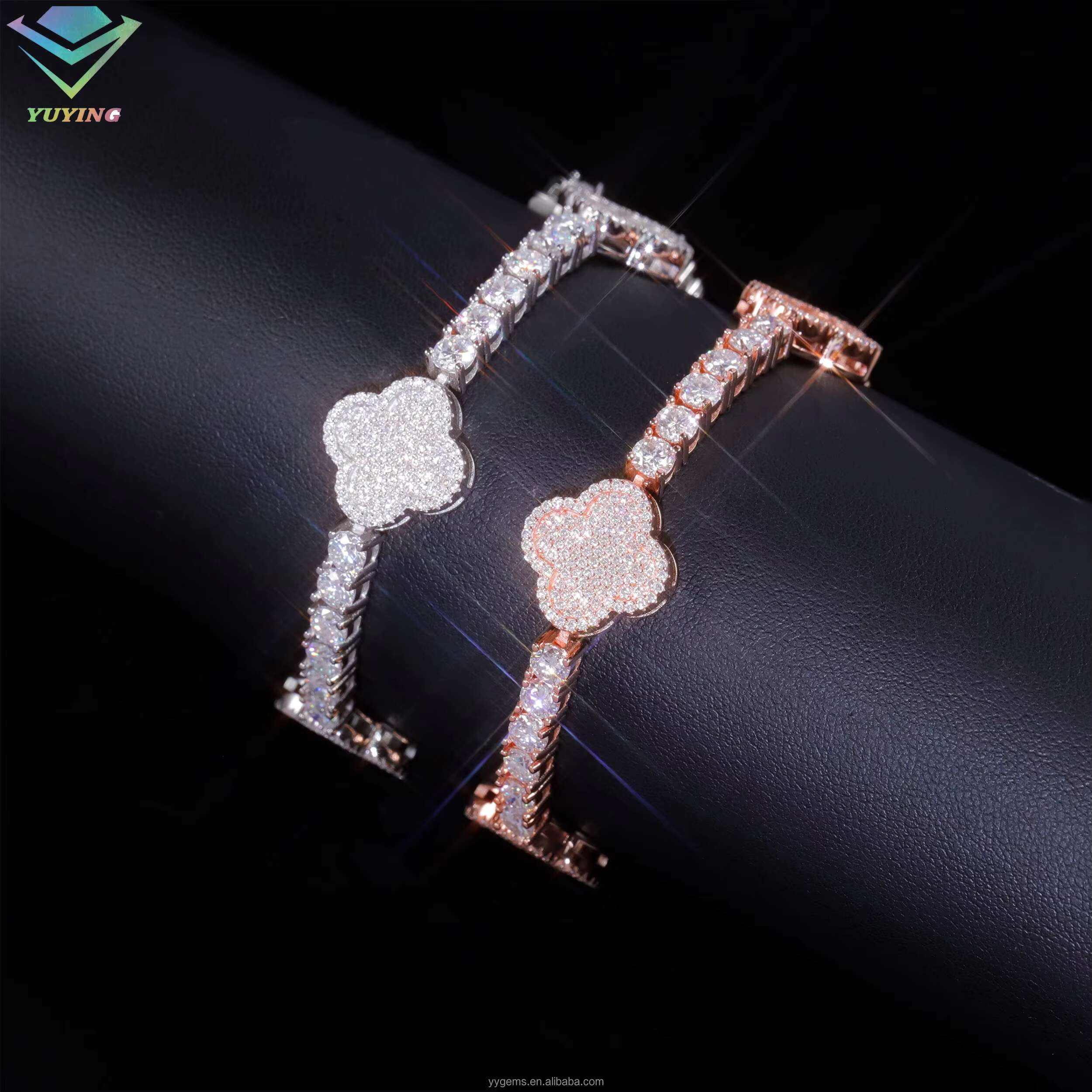 Yu Ying GRA Hip Hop Jewelry 925 Sterling Silver Gold Plated Iced Out Moissanite Diamond Clover Bracelet for Hip Hop Jewelry