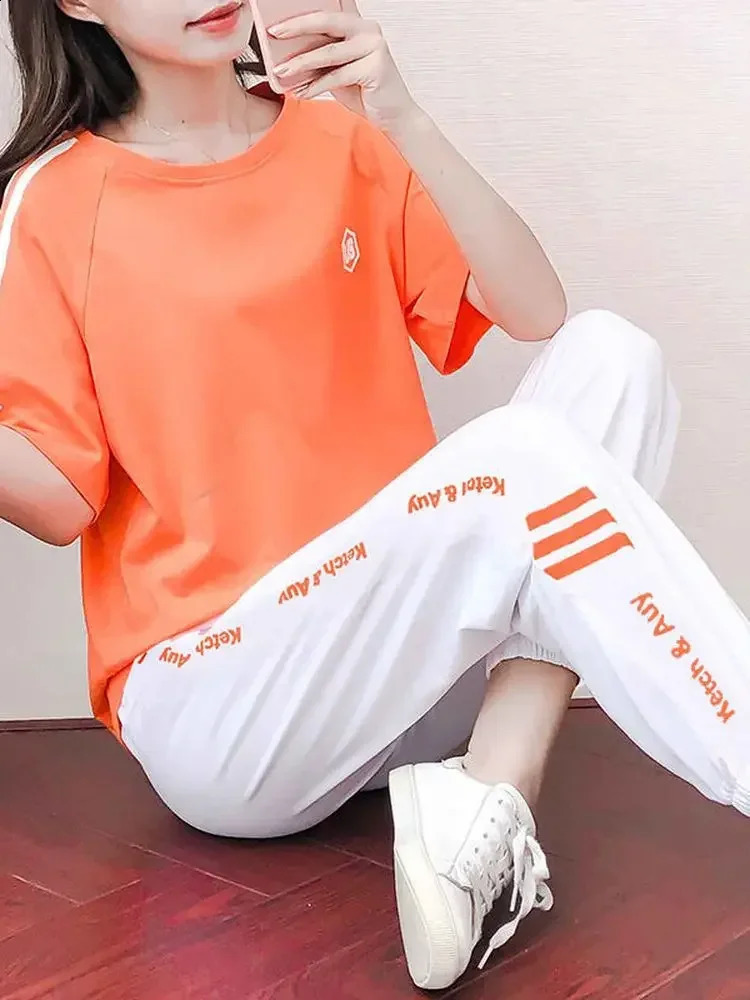 Badypczd Sports Suit s Summer Short-sleeved Top Fashion Running Pants Casual Fitness Clothes Two-piece Gym Suit 250411