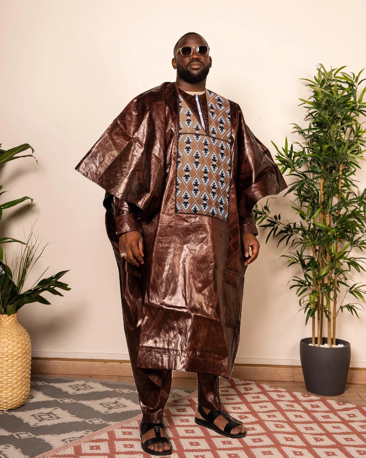 Kaftan Elegant African Mens 3Piece Long Sleeve Ethnic Top and Pants Full y Wedding Wear 250411