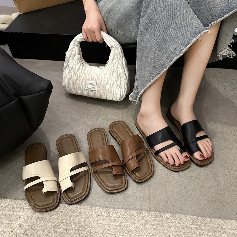Set toe slippers women summer fashion retro Roman flat girls casual non-slip home platform sandals wear black white brown free shipping