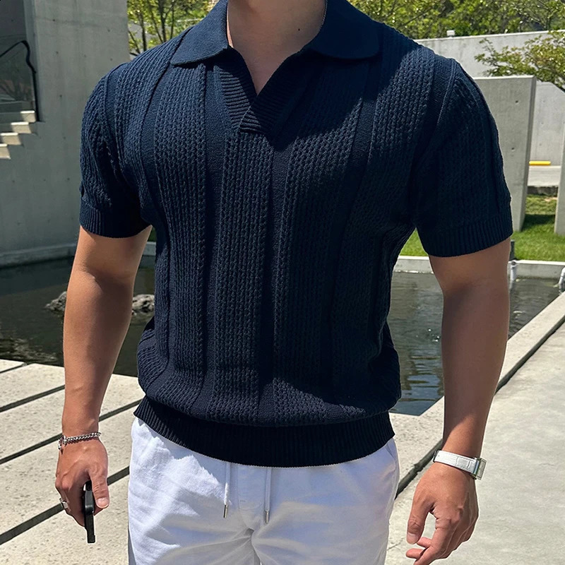 2025 Spring Summer Casual Mens Mesh Polo Shirts Slim Fit Knitted Short Sleeve Polo Tops Men Vintage Lapel Solid Color Pullovers 250409