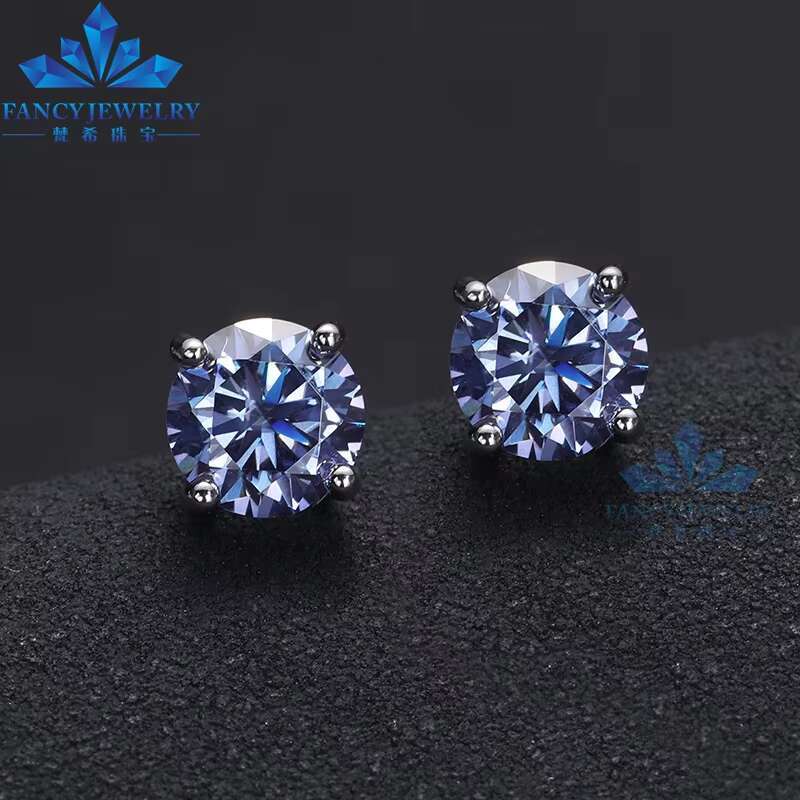 Trendy Simple Classic Fancy Sterling Silver 6mm 0.8carat champagne pink Blue Color Vvs Real Moissanite Stud Earrings