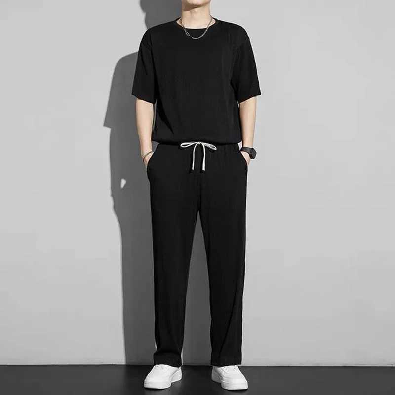Mens 2023 Summer Fashion Loose Large Size Ice Silk Set Classic Chiffon Casual Solid Color High Quality Two piece Set M-5XLXJ250412