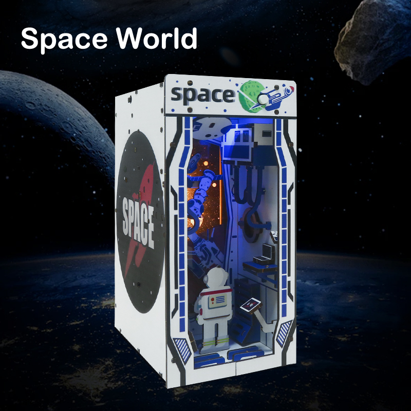 Space World DIY Assembled Bookend, Exquisite Astronaut-Themed Wooden Craft with LED Light Effect, Creative Bookshelf Insert Decor for Space Enthusiast