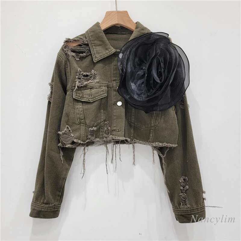 Three-Dimensional Wer Fashion Tie-Dyed Pink Ripped Cool Short Denim Coat Female Fashionable Street Jean Jacket Holes Coats
