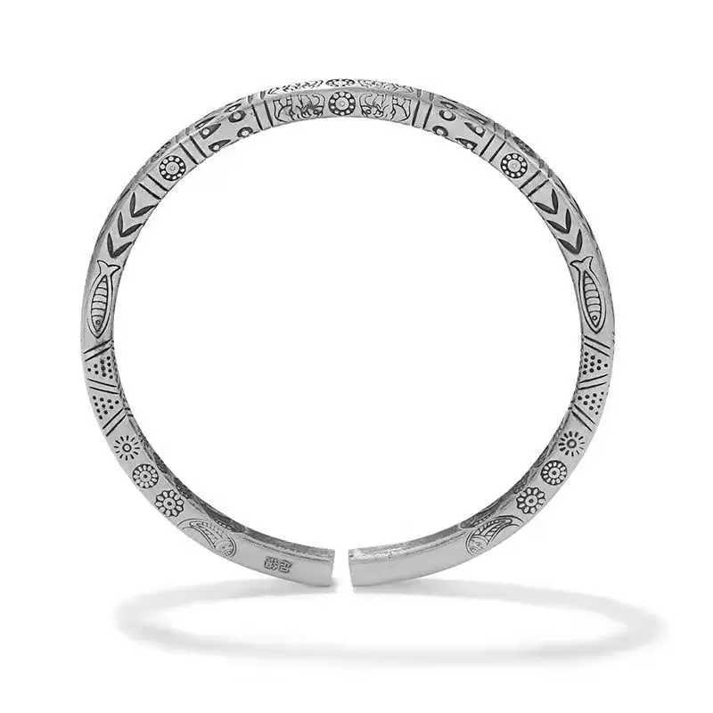 Boho Vintage Ethnic Style Engraved Fish Pattern Bracelet Silver Color Open Cuff Bracelet Men Girls Trend Casual Jewelry GiftsC250411