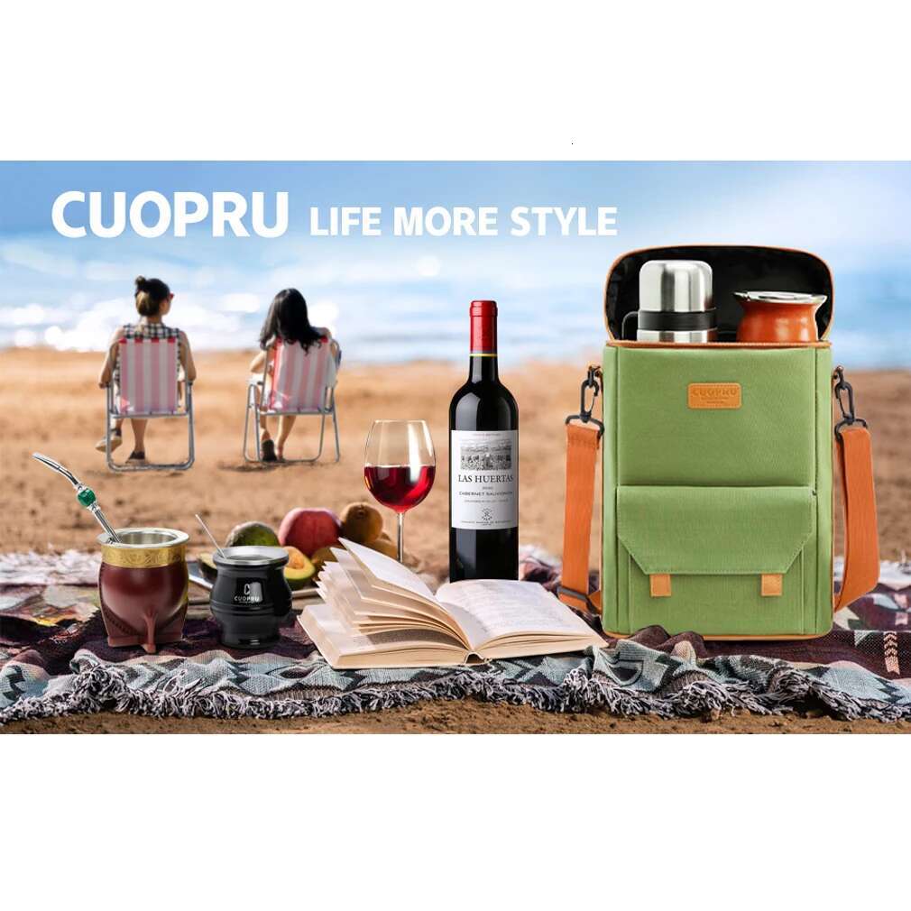 Premium Yerba Mate Kit Carrier Tote - Waterproof 2 Wine Bottle Pockets Portable Bag For Travel, Picnic, Beach