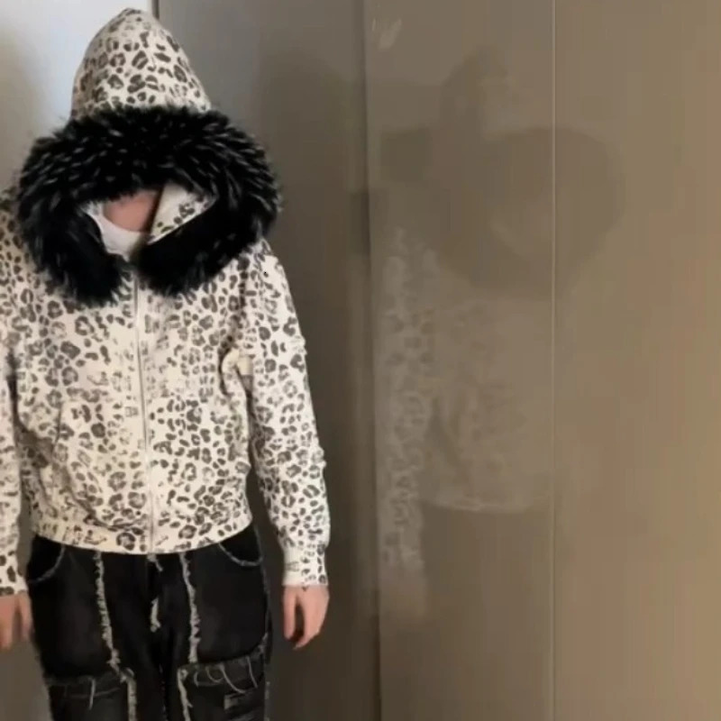 Y2K American Retro Zip Up Hoodies Printed Leopard Fur Collar Sweatshirt Gothic Hip Hop Fashion Streetwear Unisex Boxy Clothing 251112