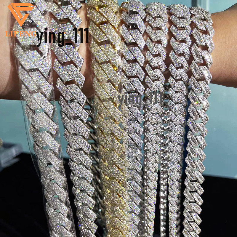 Fashion Jewelry Bracelet 12mm 15mm 18mm 20mm S925 Silver Full Iced Out Vvs Moissanite Diamond Necklace Custom Cuban Link Chain