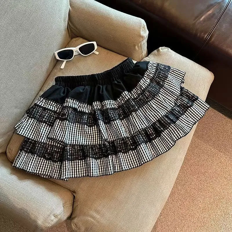 Sexy sweet lace plaid puffy skirt for women American summer casual simple color block cake slim high waist skirt for s 2025 250411