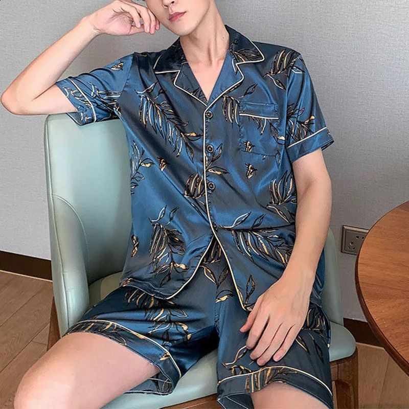 Mens Pajama Set Summer Pajama Ice Silk Short Sleeve Pajama Set Loose Casual Mens L-5XL 250411