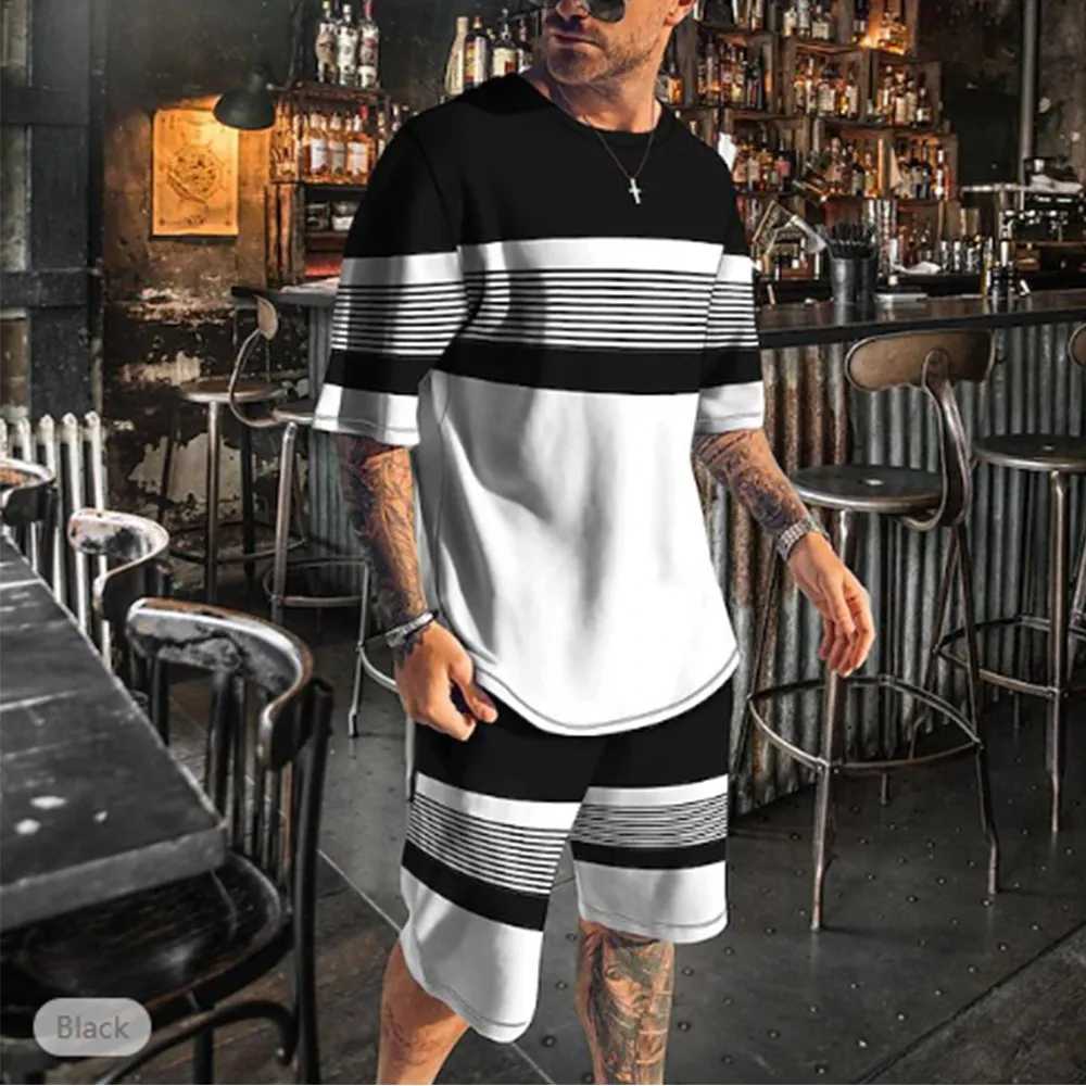Mens T-shirt set track shorts and T-shirt set colored building blocks crew collar vacation short sleeves 2-piece clothing setXJ250412