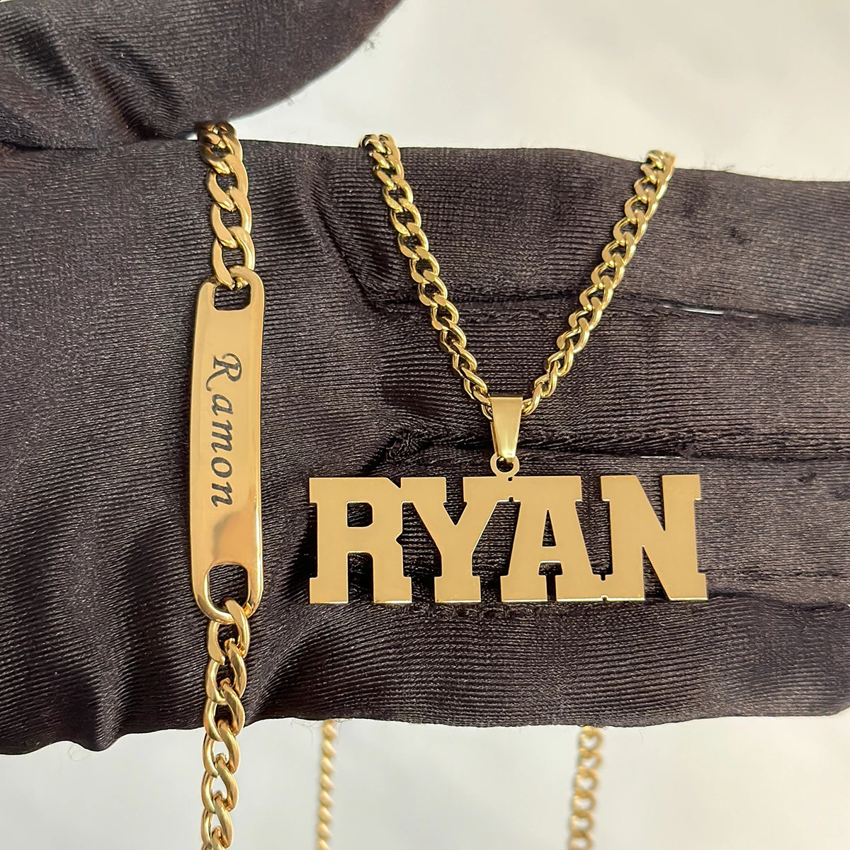 Original stainless steel name set jewelry customization 18k thick Cuban pendant necklace carved bracelet childrens 250410