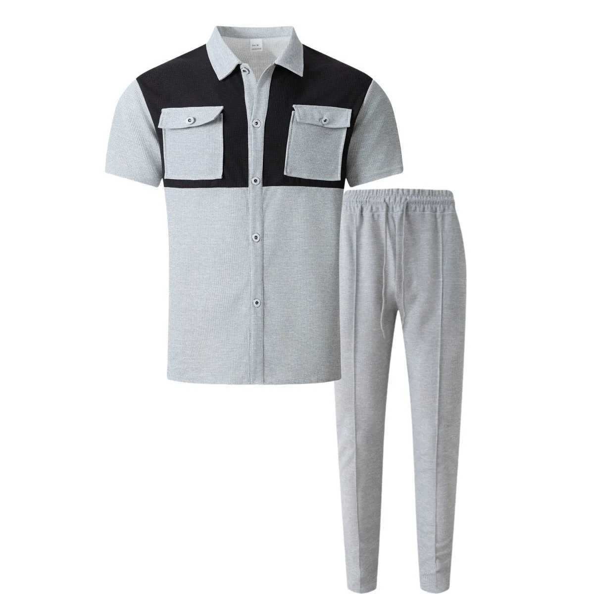 2018 new waffle biscuit summer comfortable casual shirt paired with color double pocket short sleeved cardigan two setsXJ250412