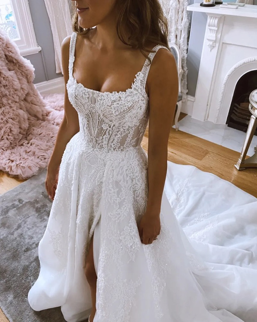 A Line Fashion Lace Wedding Dresses Square Neck Side Split Sequined Bridal Gowns Sweep Train Tulle Robe De Marie