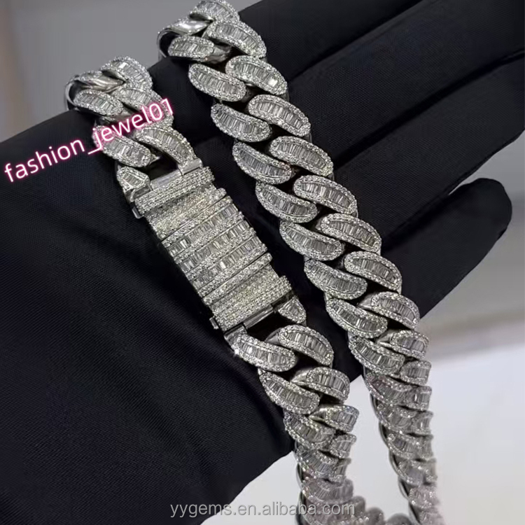 New Arrival Baguette Moissanite Cuban Link Chain Rapper Necklace 18mm S925 Silver VVS Baguette Moissanite Cuban Chain for Men