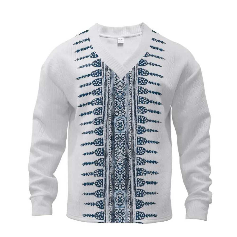 Mens retro technology printed traditional fabric loose V-neck casual long sleeved mens dressXJ250412