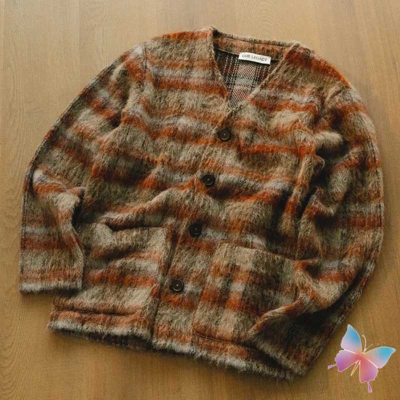 Winter Brown Plaid Mohair OUR LEGACY Jacket Fashion Street Wool Blend Knitted V-neck Cardigan Casual Loose Sweaters Men WomenXJ251112