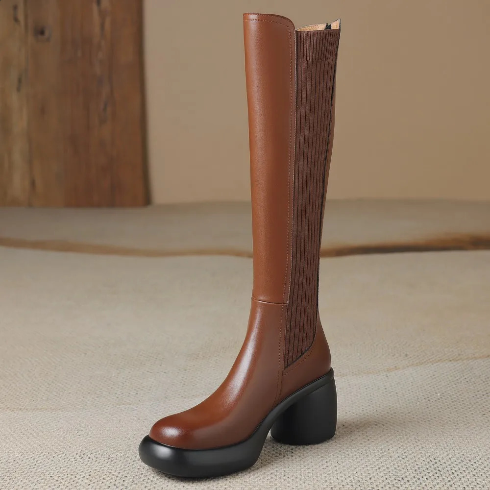 Womens genuine leather stretch knit patchwork back zip autumn knee high boots round toe casual female long boots shoes women 40 250411