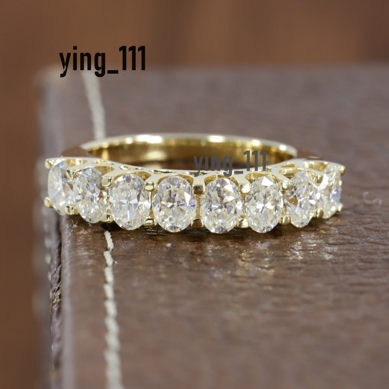 18K Yellow Gold 8 Stones 4.5*3.2mm Oval Cut Lab Diamond Ring Womens Eternity Solid Gold Half Prong Set CVD Diamond Gold Ring For Wedding Anniversary G
